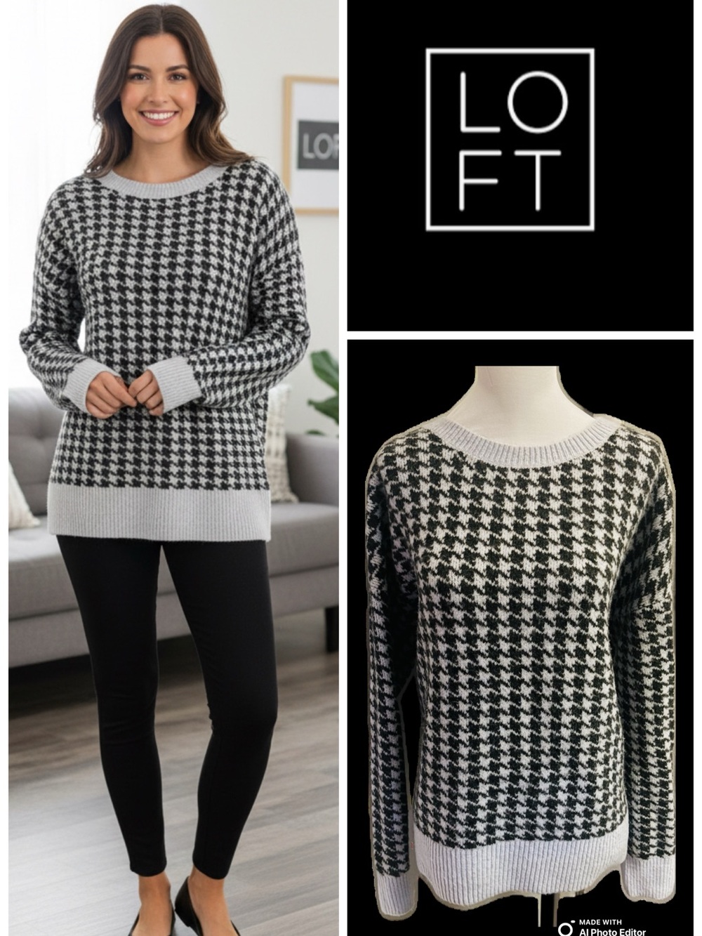 !!NWT!! Loft Oversized Baby Blue & Black Houndstooth print sweater